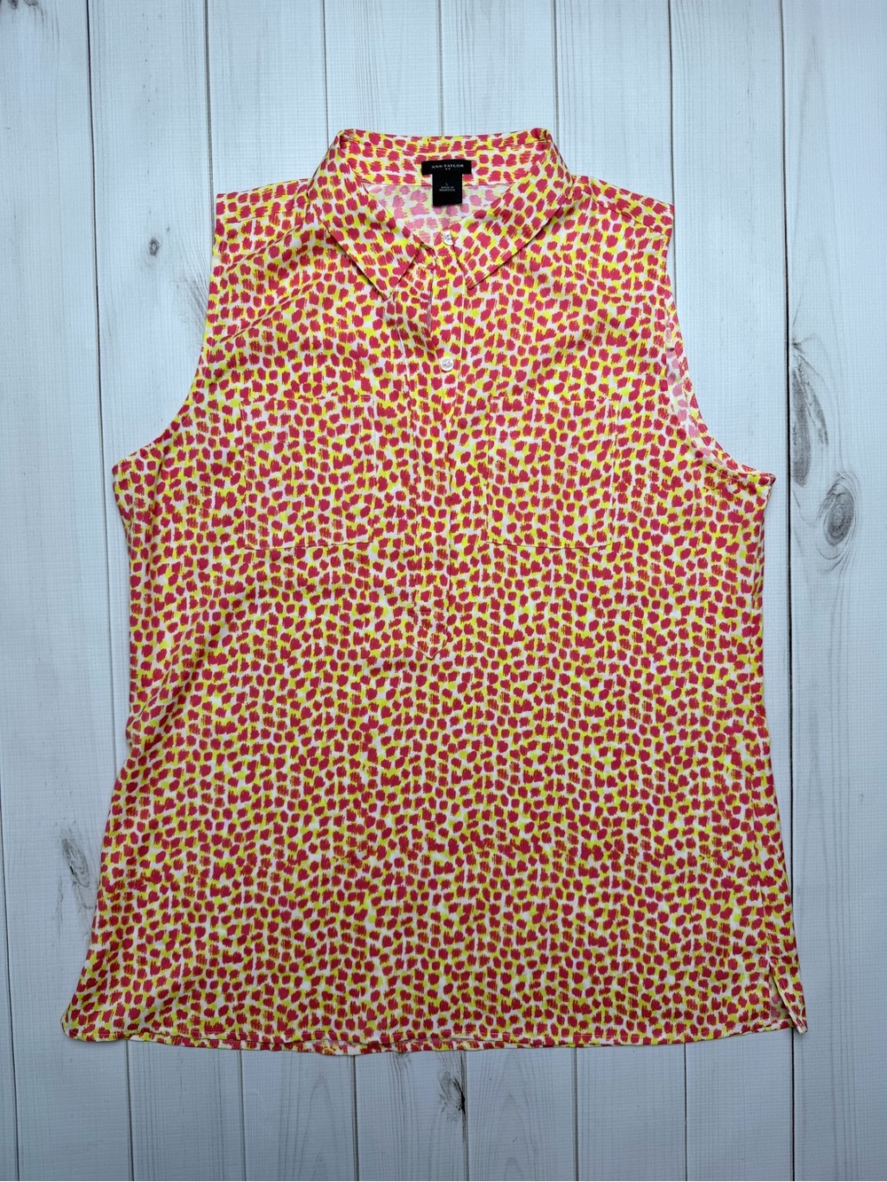 Ann Taylor Sleeveless Collared Blouse - Pink & Yellow Print